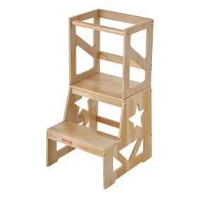 VEVOR Toddler Step Stool, Natural Pine Wood Kids Kitchen Stool with Safety Rail, Standing Tower Learning Stool for Bedroom Bathroom Kitchen Count