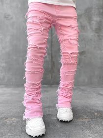Men Trousers Individual Patched Pants Long Tight Fit Stacked Jeans For Mens Clothing (Option: Pink-S)