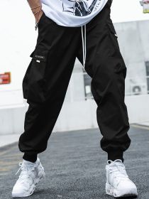 Multi-pocket Cargo Pants Men's Casual Hip-Hop Drawstring Trousers Outdoor Streetwear Sports Pant (Option: Black-M)